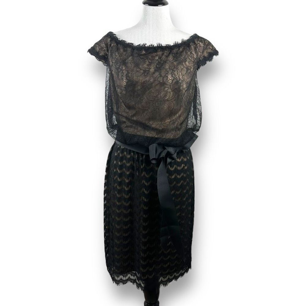 Tadashi Shoji Women's Size 12 Tie Waist Sheath Dress Nude With Black Lace Bodice
